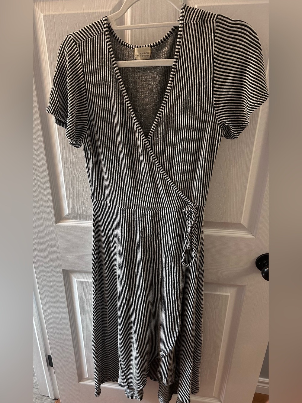 Caution To The Wind Black and White Striped Wrap Dress
